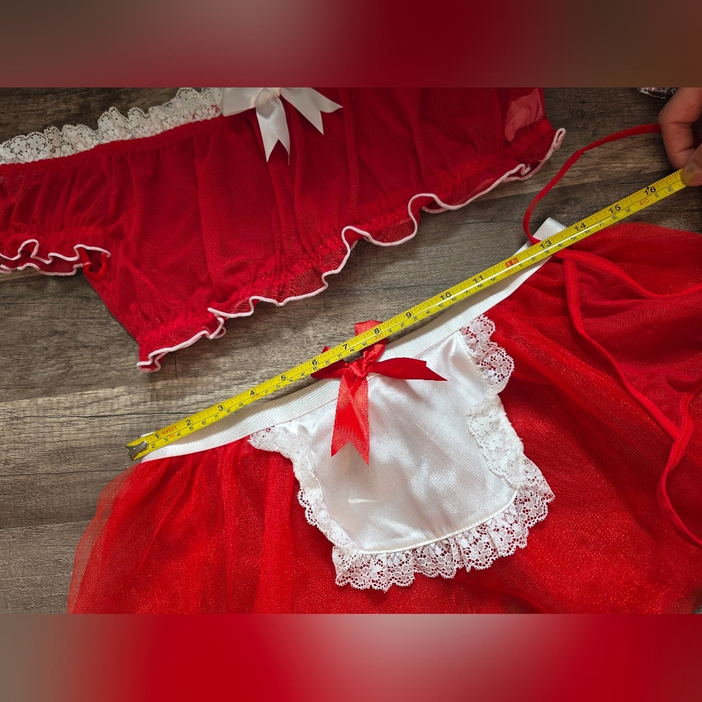 New Lingerie Maid Cosplay Red and White Lace Trim Costume 5 Piece Set Witchy - Picture 6 of 11
